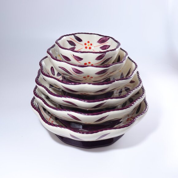 Temptations by Tara Old World Nesting Pedestal Bowls Purple Eggplant Scallop Rim - Picture 1 of 11